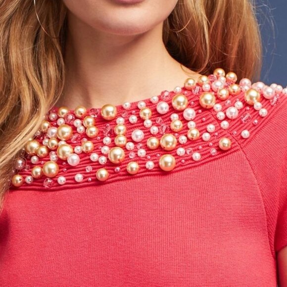 Anthropologie Moth Brienne Pearl Sweater Cap Sleeves Size XS-M Pink/Red - Picture 3 of 15